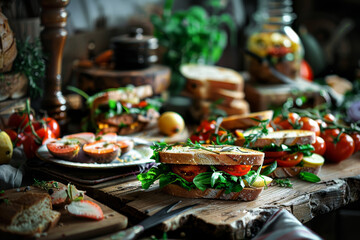 A table with a variety of sandwiches and fruit, including tomatoes, cucumbers