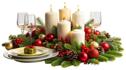 A festive holiday table setting adorned with red and gold decorations, glowing candles, and pine branches creates a warm atmosphere for winter celebrations isolated on transparent background