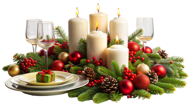 A festive holiday table setting adorned with red and gold decorations, glowing candles, and pine branches creates a warm atmosphere for winter celebrations isolated on transparent background