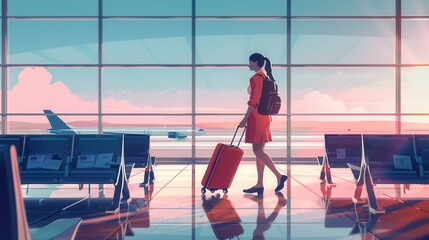 Fototapeta premium A flight attendant strolls through an airport terminal with a rolling suitcase, with planes visible in the distance during a vibrant sunset. Generative AI