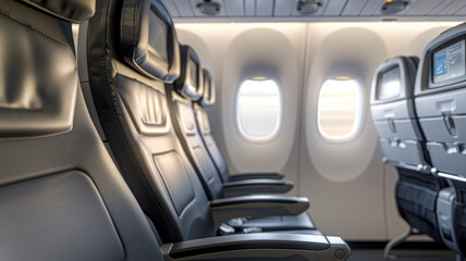 Empty airplane interior with rows of seats and windows.