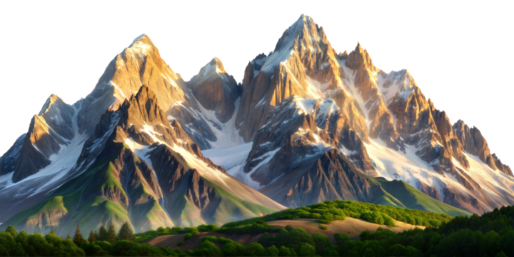 Majestic mountain range bathed in sunlight showcasing rugged peaks and lush green foothills during a clear day isolated on transparent background