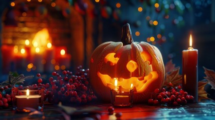 Smiling jack-o-lantern with glowing candlestick, surrounded by candles, and warm fireplace 
