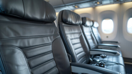 Empty airplane seats in the cabin with leather upholstery.