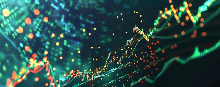 Visualize a scatter plot where rising stock prices align with increasing trading volumes, each dot illustrating a robust upward trend, indicating growing market interest.