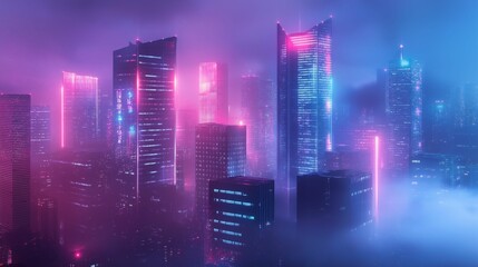 A futuristic city skyline bathed in neon pink and blue lights, shrouded in dense fog.