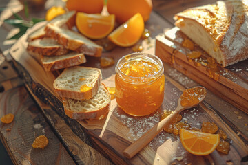 A jar of orange jam sits on a wooden table next to a loaf of bread