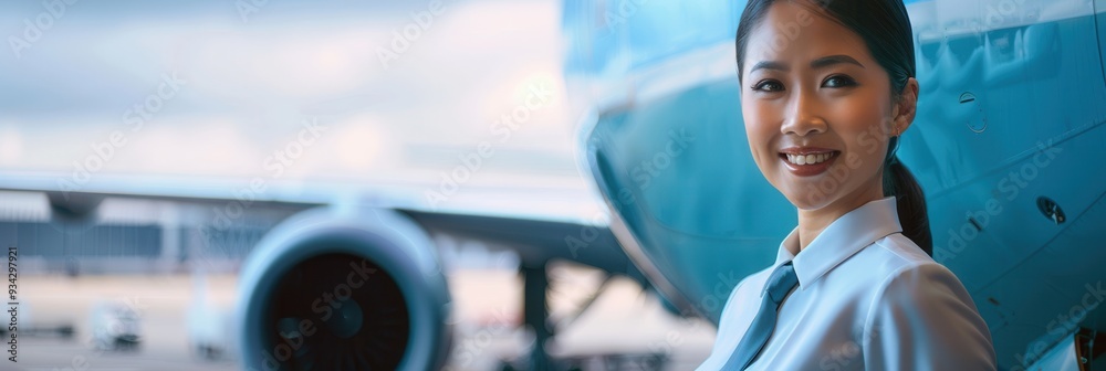 Poster a flight attendant stands in front of an airplane, smiling and dressed in uniform, ready to assist p