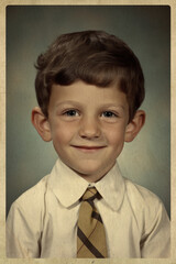A vintage style school wallet sized photo of a boy wearing a tie