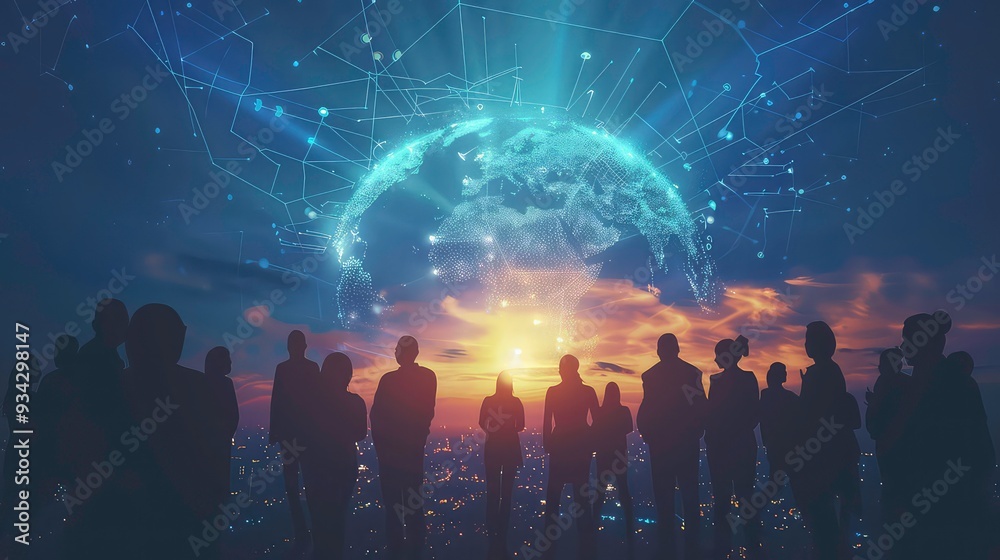 Poster silhouettes of people standing in front of a glowing globe with a network of lines connecting it, se