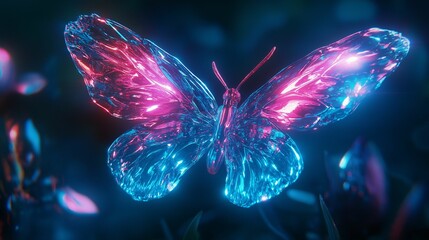 A captivating neon-lit glass butterfly with translucent wings, glowing in vibrant blues and pinks.