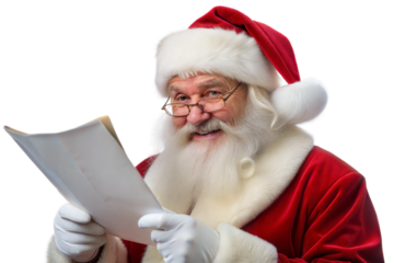 Santa Claus joyfully reading a list of Christmas wishes while wearing his iconic red suit with white fur trim, showcasing holiday spirit in a cheerful indoor setting isolated on transparent background