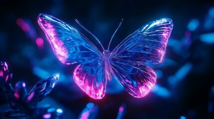 A captivating neon-lit glass butterfly with translucent wings, glowing in vibrant blues and pinks.