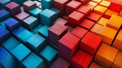 Obraz premium A vibrant composition of textured wooden blocks arranged in a gradient from cool blue and green tones to warm red and orange hues.