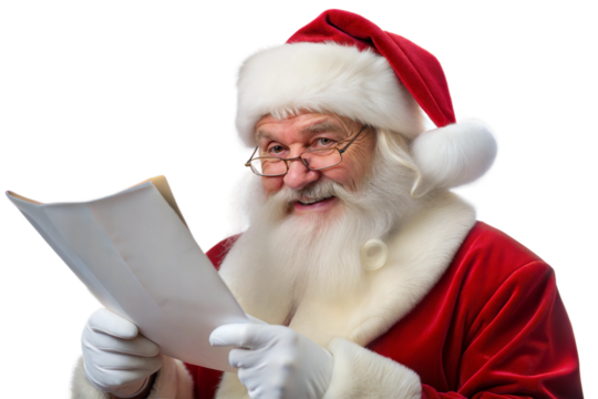 Santa Claus joyfully reading a list of Christmas wishes while wearing his iconic red suit with white fur trim, showcasing holiday spirit in a cheerful indoor setting isolated on transparent background
