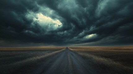 A dark, menacing storm cloud looms over a lonely dirt road cutting through vast, empty fields.