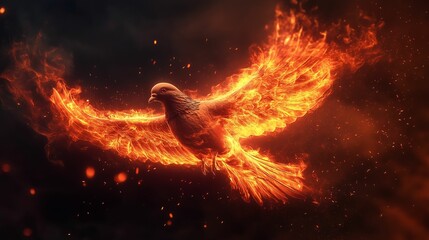 A powerful bird engulfed in vibrant flames, soaring through the dark sky.