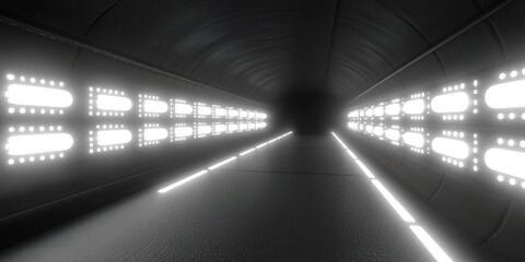 Fototapeta premium Futuristic tunnel illuminated by symmetrical rows of bright white lights, creating a striking perspective leading to a dark vanishing point.