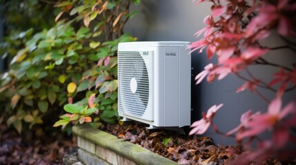 Outdoor installation of air source heat pump heating unit by professional engineer