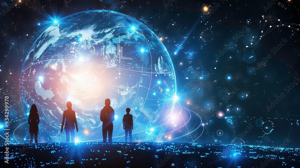 Poster four silhouetted figures stand in front of a glowing digital globe with a starry background.