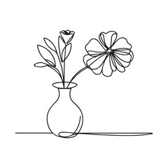  Hand drawn flowers one line art. Continuous line drawing flowers in a vase.  Hand drawing concept sketch line.