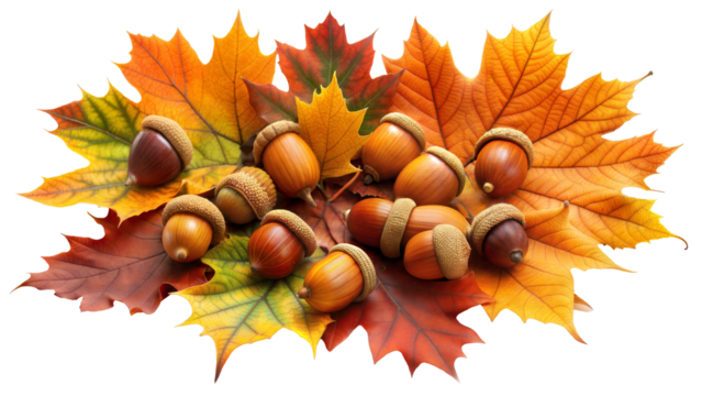 A colorful arrangement of autumn leaves with acorns highlights the beauty of fall in nature, capturing seasonal changes isolated on transparent background