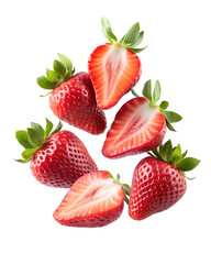 Strawberries with halved slices falling in the air with green leaves isolated on a transparent background png
