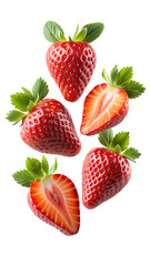 Strawberries with halved slices falling in the air with green leaves isolated on a transparent background png
