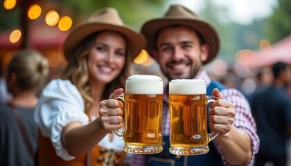 Happy couple in bavarian clothes holding beer mugs celebrating oktoberfest