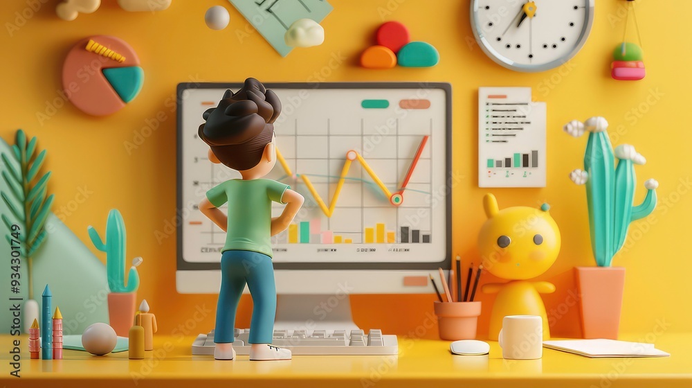 Poster a 3d cartoon character stands in front of a computer screen looking at a chart with a yellow line an
