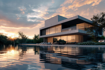 Fototapeta premium A large house with a pool and a beautiful sunset in the background
