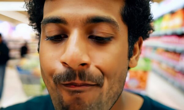 Colombian Man Enjoying Free Sample at Grocery Store