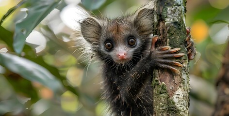 Naklejka premium Amazon Aye-aye clinging to a tree trunk, its large eyes and long fingers visible