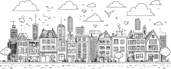 Obraz premium City landscape. Line urban backdrop. Skyline with clouds, different buildings on street, doodle street draw, outline cityscape hand sketch, flat houses. Hand drawn vector illustration