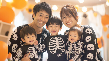 スケルトンの家族コスプレを楽しむ日本人家族