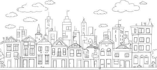 City landscape. Line urban backdrop. Skyline with clouds, different buildings on street, doodle street draw, outline cityscape hand sketch, flat houses. Hand drawn vector illustration