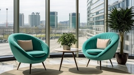 Fototapeta premium Modern waiting area featuring two elegant armchairs and a spacious panoramic window