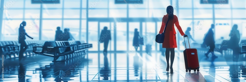 Aufkleber a flight attendant in a red coat carries a suitcase while navigating through a crowded airport termi