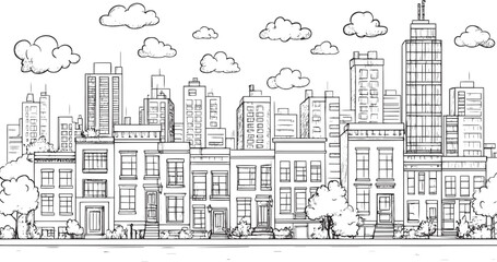 Fototapeta premium City landscape. Line urban backdrop. Skyline with clouds, different buildings on street, doodle street draw, outline cityscape hand sketch, flat houses. Hand drawn vector illustration