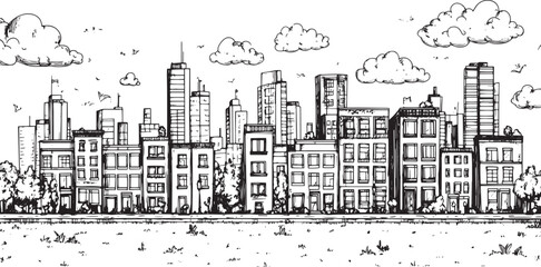 Fototapeta premium City landscape. Line urban backdrop. Skyline with clouds, different buildings on street, doodle street draw, outline cityscape hand sketch, flat houses. Hand drawn vector illustration