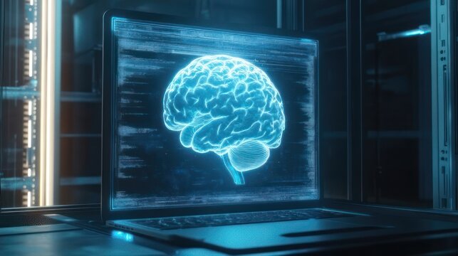 Digital Brain on Laptop Screen in Server Room