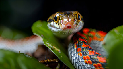 Obraz premium Amazon Banded Cat-eyed Snake slithering through the underbrush, its colorful scales visible