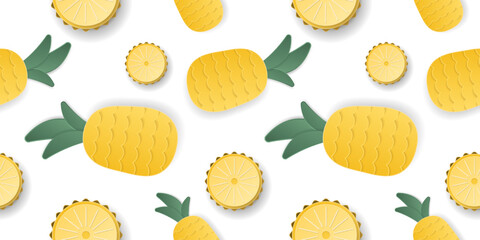 Seamless pattern 3d papercut pineapple sliced cutout fruit. Summer layered fruits for restaurant, food, drinks, bars, recipes, summer, sweets, vegan, social media, presentation design.