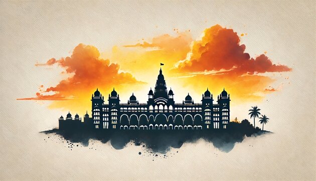 Watercolor illustration for mysore dasara with mysore palace silhouette.