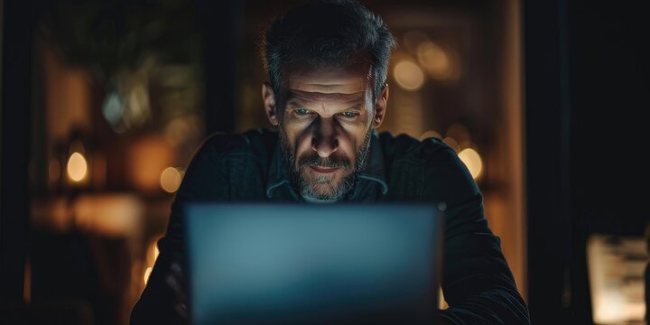 Individual using a laptop at night, resembling a hacker, compromising database systems with malware and overcoming security measures; a male operative participating in cybercrime focused on privacy