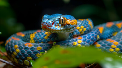 Obraz premium Amazon Banded Cat-eyed Snake slithering through the underbrush, its colorful scales visible