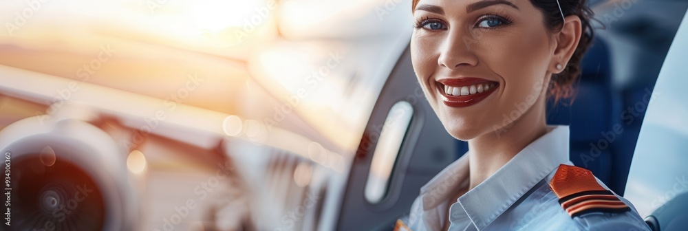 Poster The flight attendant greets passengers with a friendly smile while preparing for the flight as the sun rises in the background. Generative AI