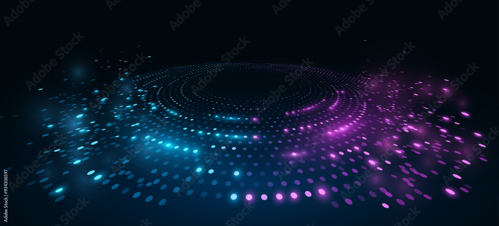 Poster digital circles of glowing sparkling dots on dark background. perspective view to abstract dotted ci