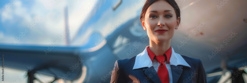 Poster a flight attendant dressed in uniform greets travelers at the airport with a warm smile, ready for t