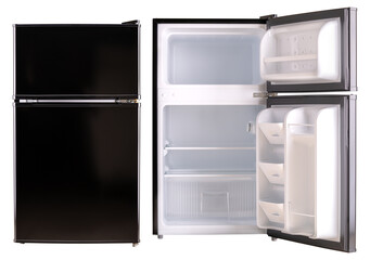Refrigerator or fridge. 2 Door refrigerator with freezer for ice. Cold temperature. Cold storage. Fridge for grocery store fresh food. Kitchenware or kitchen appliance for freeze and cooling products.